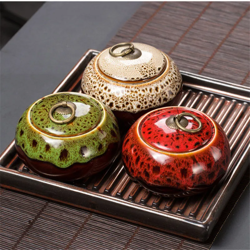 

280ml Tea Canisters Ceramic Sealed Caddy Gift Porcelain Fambe Temmoku Glaze Tin Kitchen Storage Jar Coffee Suggar Box