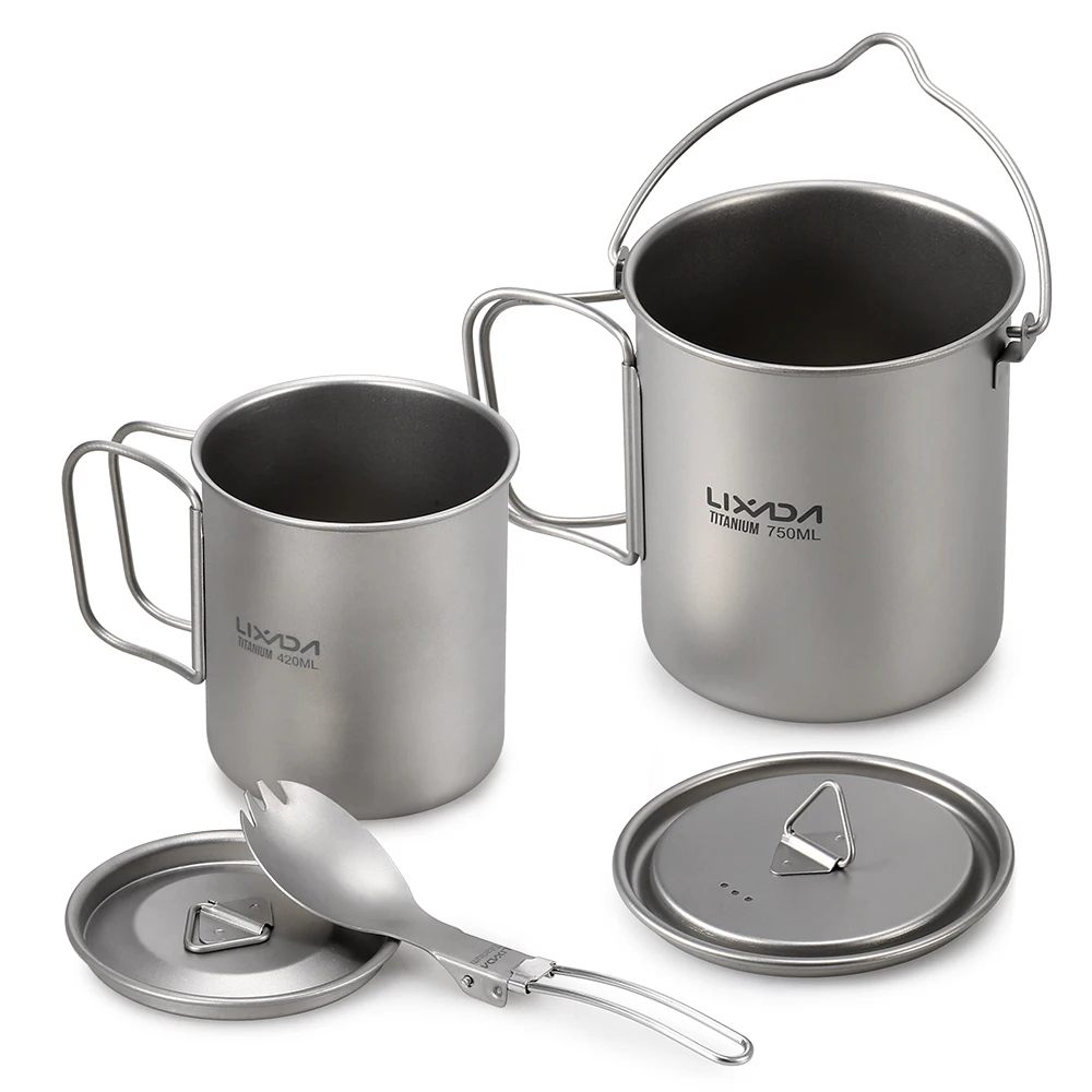 

Titanium Lightweight 3 Pieces Set Outdoor Water Mugs Pot Folding Spork Drinkware for Outdoor Backpacking Camping Hiking