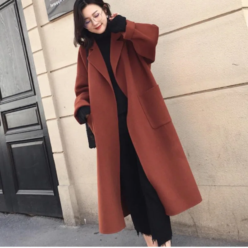 [EWQ] Осень-зима, новинка, Толстая теплая Длинная Верхняя одежда в Корейском стиле с длинным рукавом и отложным воротником размера плюс, шерстяное пальто QL286