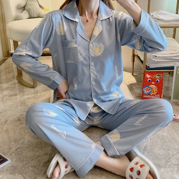 

Women's Pajamas For Spring Summer Cotton Made Lapel Pyjama Sets For Girl Casual Comfortable Sleepwear Home Wear