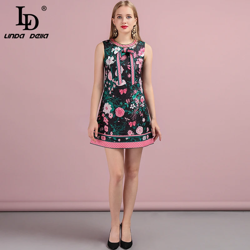 

LD LINDA DELLA Fashion Runway Autumn Vintage Vest Dress Women's Sleeveless Floral Print Bowknot Lady Stylish Mini Short Dresses