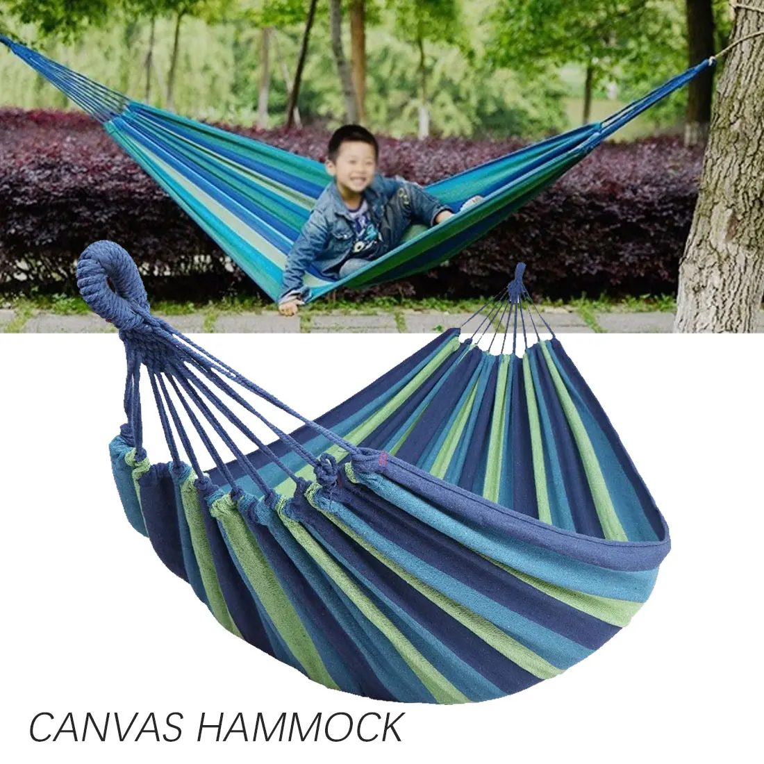 

2 People Camping Hammock Blue Red Canvas universal Outdoor Bend Wood Stick steady Hammock Garden Swing Hanging Chair 280*150cm