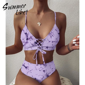 

High waist bikini 2020 Tie-dye swimwear female Bandeau swimsuit women Lace up bandage 2 piece suit High waist bathing suit new