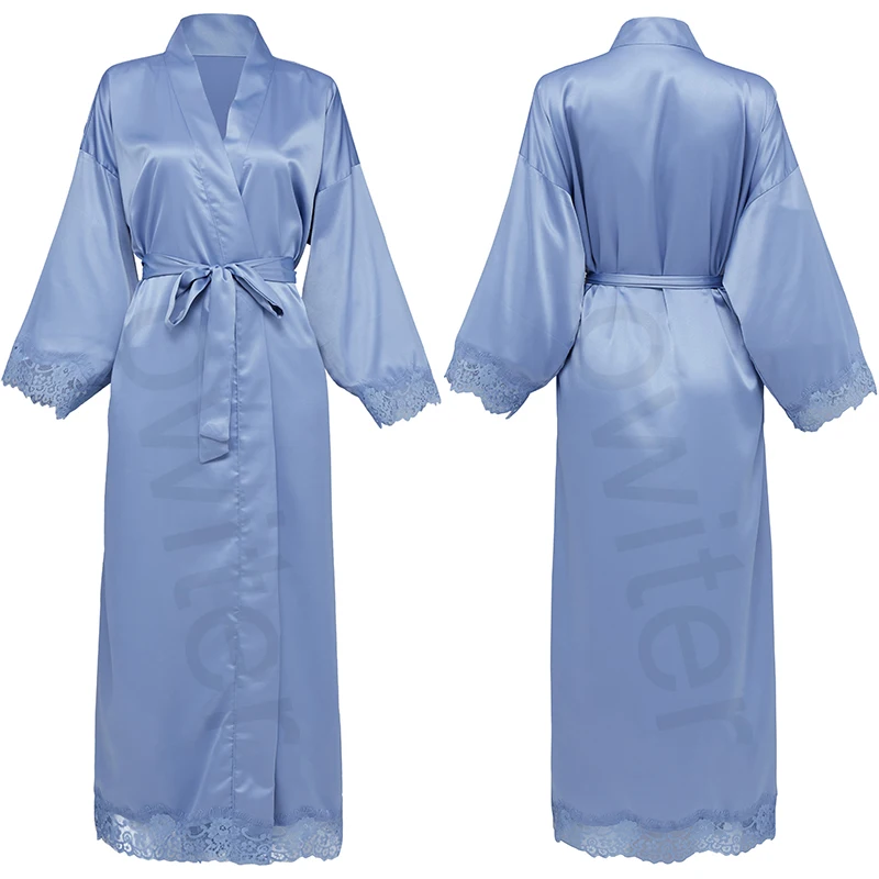 light blue Owiter, женское длинное матовое атласное свадебное кимоно, халат для невесты, халаты для невесты, халат с кружевной отделкой, Свадебный халат, однотонный халат, халат, одежда для сна - Цвет: light blue