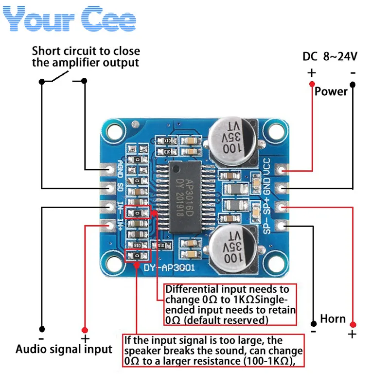 

Digital Power Amplifier Board Module Class D 10W/20W/30W DC High Power Mono 12V 24V PWM Modulation DY-AP3001
