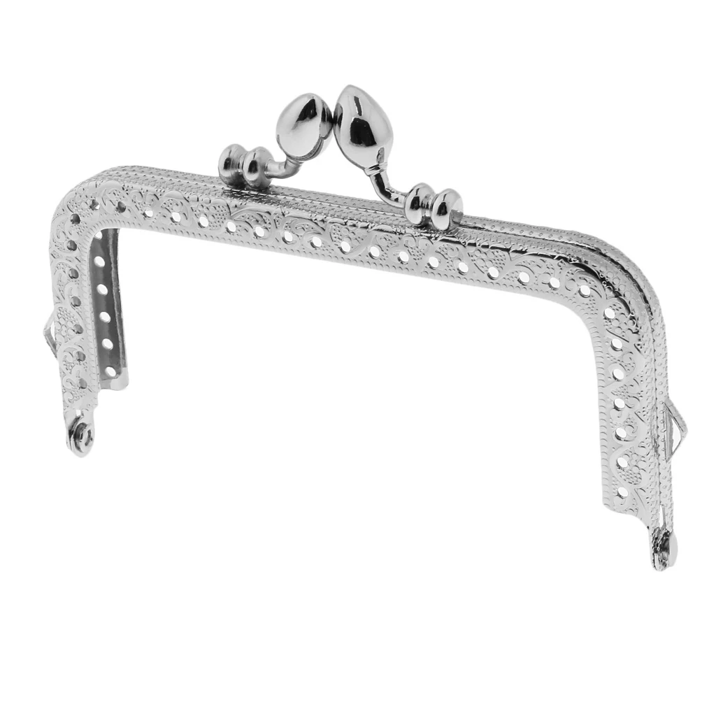 Retro Silver Metal Flower Square Frame Purse Coins Changes Bag DIY Craft Kiss Clasp Lock 10.5 x 7.5 cm
