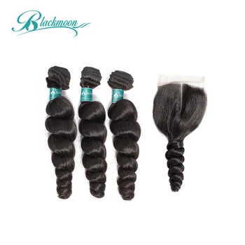 

BLACKMOON HAIR Brazilian Hair Weave Bundles With Closure Middle Part Loose Wave 3 Bundles With Closure Non Remy Human Hair
