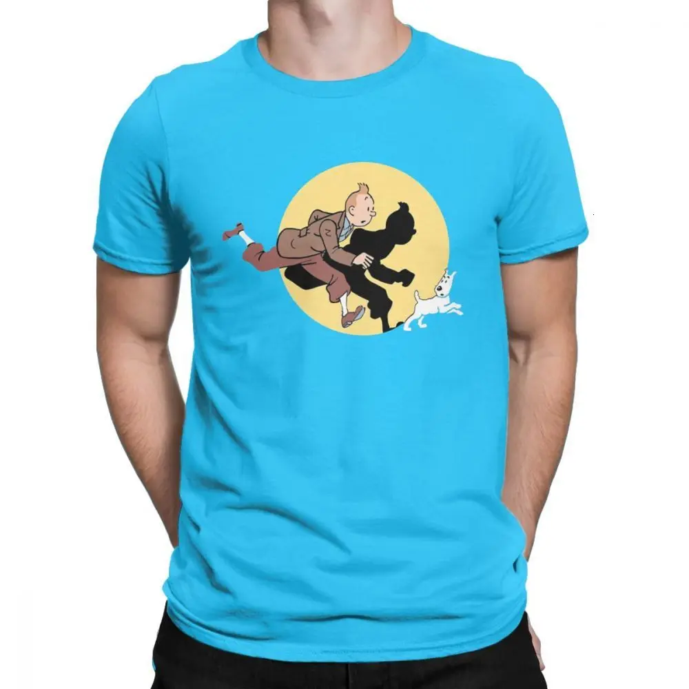 Футболка Midnite Star Tin The Movie The adventures Of Tintin для мужчин, Винтажная футболка из чистого хлопка, футболка с круглым вырезом, летняя одежда - Цвет: RoyalBlue
