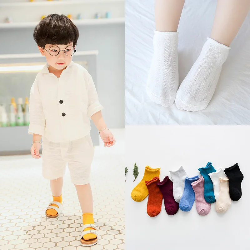 

CHILDREN'S Socks Spring And Summer New Style Cotton Socks Solid Color Crimping Breathable Mesh Children's Socks Candy Color Men