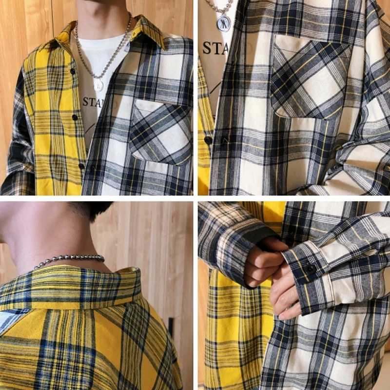 Men Oversized Cotton Plaid Shirt Man Hip Hop Patchwork Button Up Long Sleeve Shirt Couple Korean Harajuku Clothing cotton shirt long sleeve shirt men casual shirt
