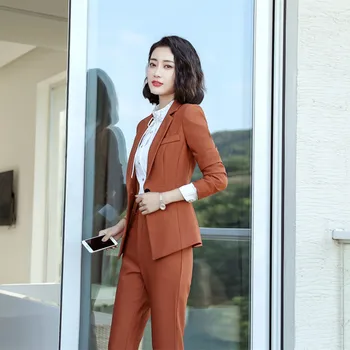 

Women's suit 2019 autumn new fashion temperament casual solid color Slim was thin single button small suit trousers two-piece