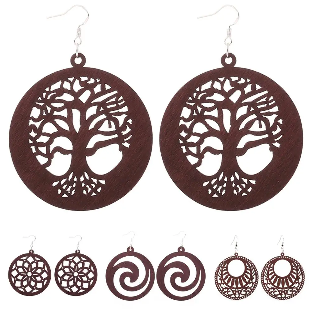 Roform Wholesale Good Quality Long Wood Earrings dark brown Hollow