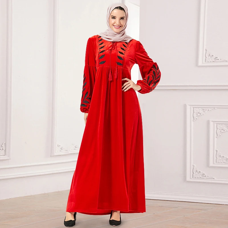 

Siskakia Winter Dresses Red 2019 New Velvet Leaf Embroidery Plus Size Maxi Dresses Lantern Long Sleeve Empire Swing Arabian Wear