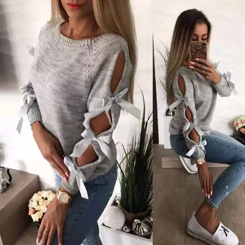 Women Sweater Autumn Winter Knitted Long-sleeved cutout sweater Hollow bow round neck solid sweater Loose Cotton Tops Pullovers Women Sweater Autumn Winter Knitted Long-sleeved cutout sweater Hollow bow round neck solid sweater Loose Cotton Tops Pullovers