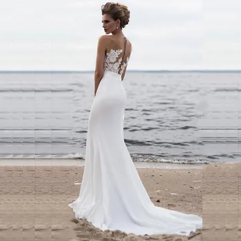 

Sexy Beach Wedding Dress Floor-Length A-line White Lace Chiffon Bridal Gown Button Back vestidos de novia vestido