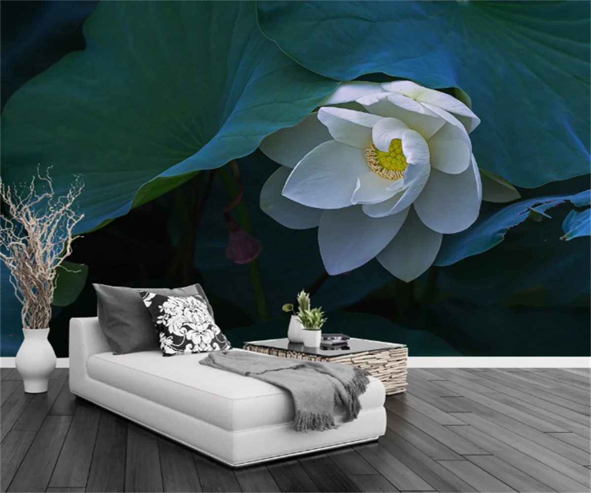 

Modern minimalist lotus lotus pond pastoral style TV sofa background wallpaper furniture decoration stickers custom 3D murals