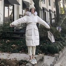 Высокое качество женский зимний пуховик Куртка Европейская мода дизайн Подиум стиль женский длинный пуховик с поясом