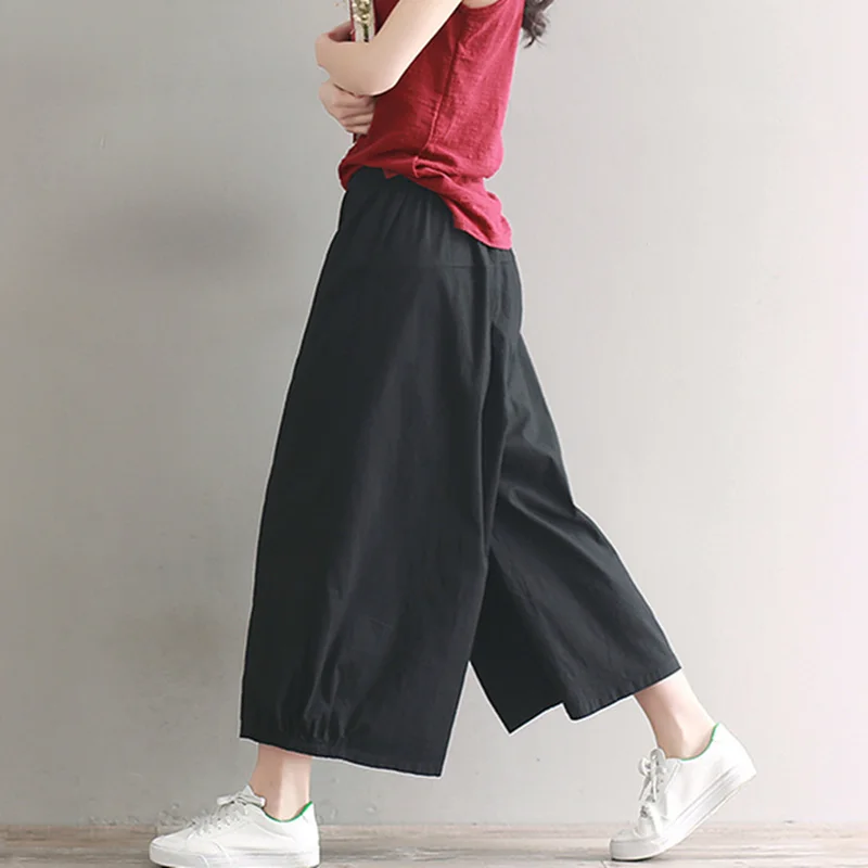 Sweatpants Women Joker Loose Elastic Waist Solid Color Leisure Wide Leg Cotton and Linen Women Hanging Crotch Pants Literary