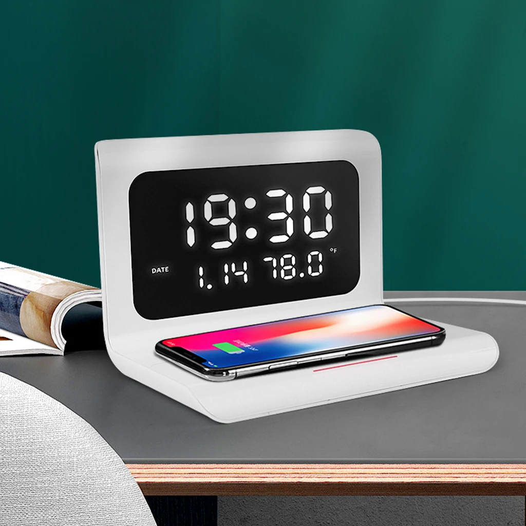 Electric Clock Perpetual Calendar Wireless Charger Desktop LED Digital Alarm Clock with 10W Wireless Mobile Phone Charging Pad