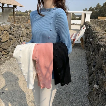 

Lucyever Autumn Half-turtleneck Single Breasted Pullovers Womens New Korean Style Casual Jumper Tops Solid Full Female Sweaters