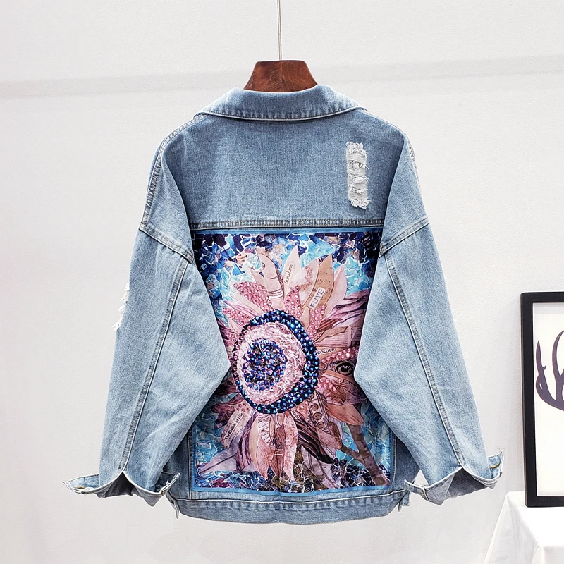aBoho Denim Jacket Sequin Floral Applique Embroidery JKP4716
