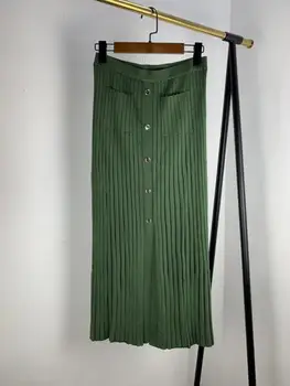 

Women midi skirt 2020 spring summer new Green Single-breasted elasticated waist lady knitted skirt