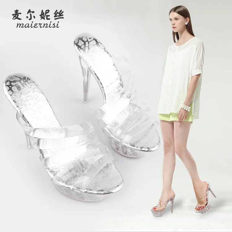 

Summer New Style Transparent Women's Ultra-High-Heel Sandals Open-toed Shoes Thin Heeled Europe And America Large Size WOMEN'S S
