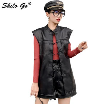 

Genuine Leather Vest Vintage Mock Neck Single Breasted Plus Size Sleeveless Sheepskin Vests Women Autumn Casual Outwear Female