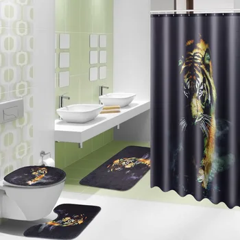 

180x180cm 1Pc/3Pcs Tiger Black Jungle Hunting With 12 Hooks Bathroom Shower Curtain Toilet Mat Lid Rug Curtain Sets