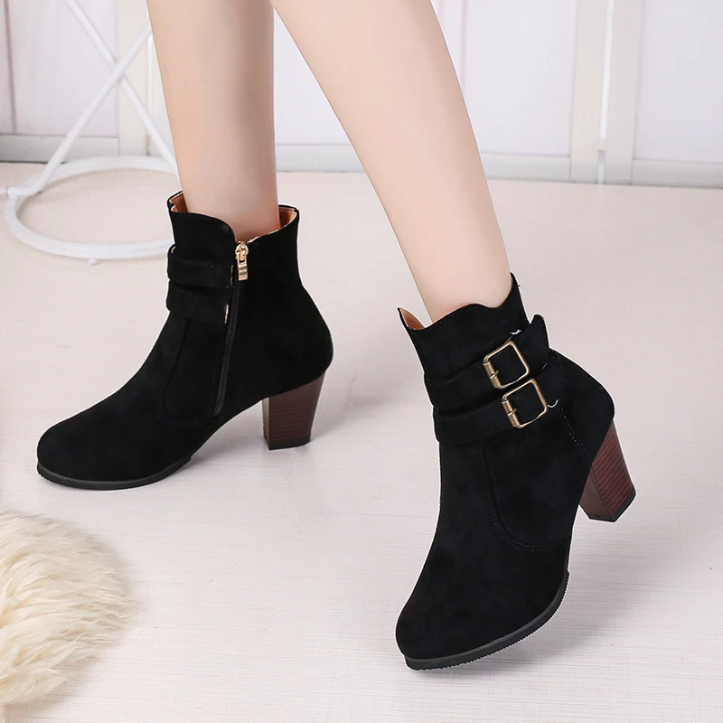 

Women Suede Buckle Ankle Boots Fashion Round Toe Autumn High Heels Ladies Zipper Botas Casual Comfort Warm Female Shoes