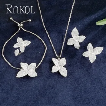 

RAKOL Luxury AAA Cubic Zircon Micro Pave Flower Earrings Ring Bracelet Necklace Set For Women Wedding Anneaux Jewelry RS13077