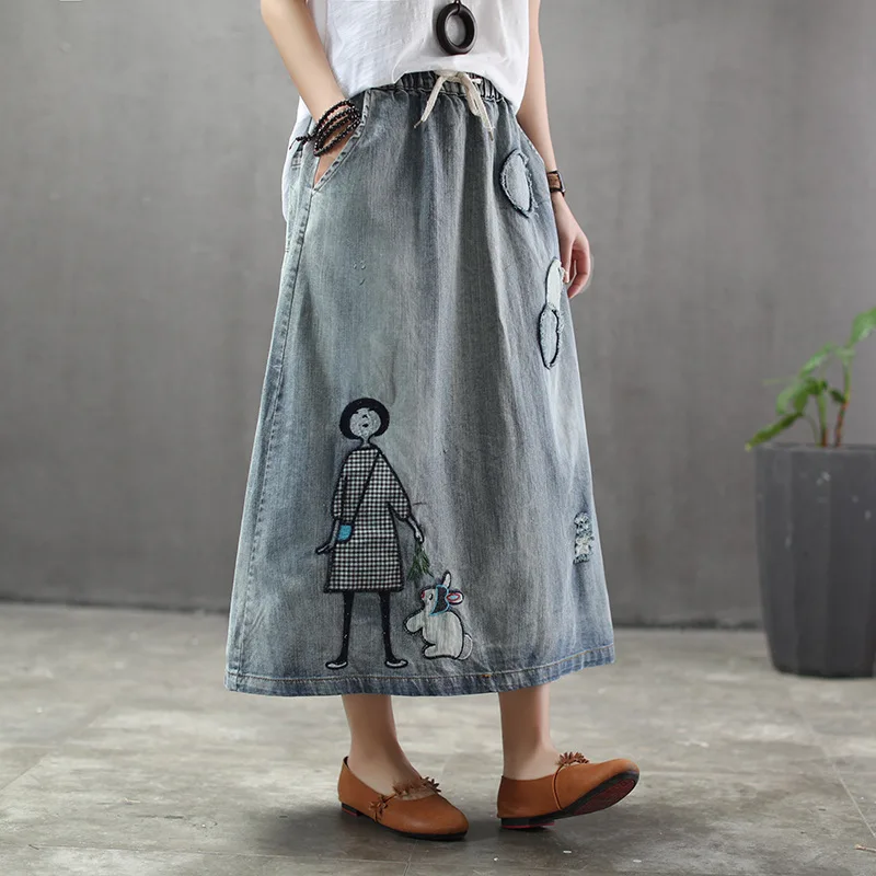 

Ethnic style retro print little girl rabbit denim skirt 2019 T elastic waist lace retro literary skirt