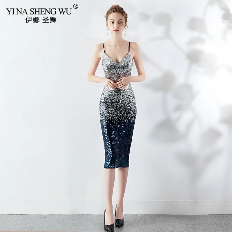 New Evening Gown Knee Length Sequin Backless Straps V-neck Vestito Cerimonia Donna Dress Women Sexy Sling Sequin Party Dress