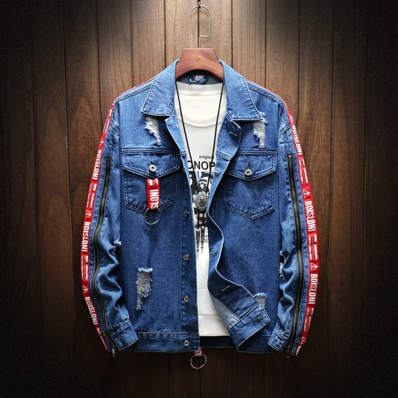 

2020 Spring New Style Men's Loose-Fit with Holes Jeans Coat Korean-style Thin Fashion Brand Jacket Men's Jk201