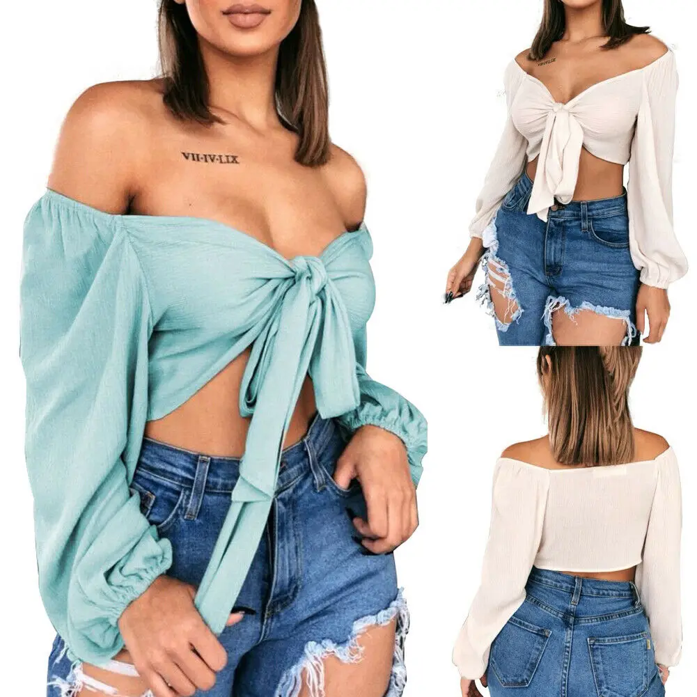 

2 Colors Women Summer Casual Deep V Neck Long Lantern White Sleeve Off Shoulder Solid Slim Bowknot Tops Crop Top