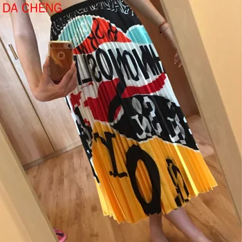 

Summer New Alphabet Printed Pleated Skirt Contrast Big A- Line Long Skirt Upe Faldas Falda Saia