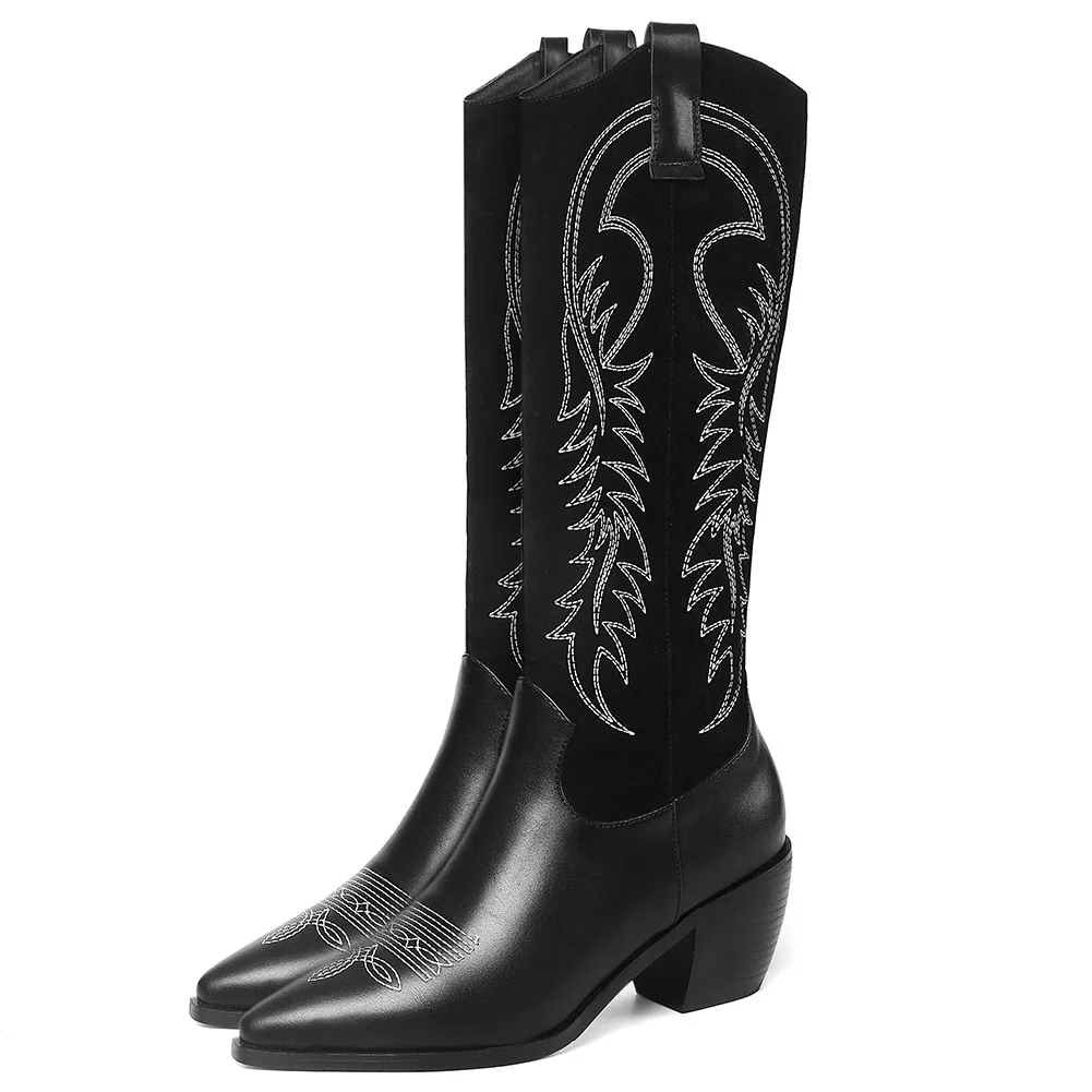 BONJOMARISA New 34-46 Brand Pointed Toe Sewing Cowboy Boots Ladies Trendy mid-calf Western Boots Lady High Heel Shoes Woman