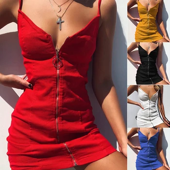 

Summer Sexy Bodycon Mini Dress Front Zipper Sleeveless Slim Package Hip Red Black Pary Club Dress Women Plus Size Vestidos