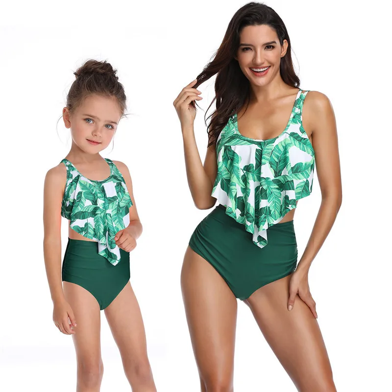 

2020 New Parent-child Swimwear Mother Daughter Swimsuit Women Girl Leaves Pattern Bikini Set Family Matching Clothes