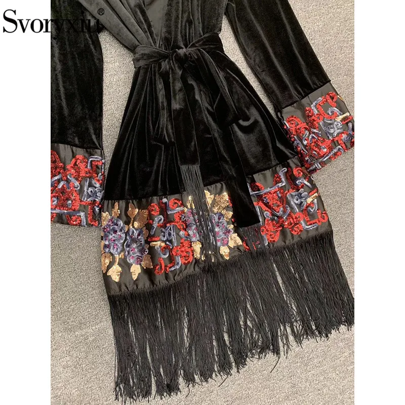 Svoryxiu дизайнерский бренд осень-зима винтажное, черное, бархатное платье Для женщин с v-образной горловиной и длинными рукавами вышивка блесток платья с кисточками
