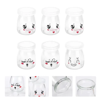 

6pcs Pudding Bottles Resuable Glass Heat-resistant Cute Face 100ml Jelly Bottles Dessert Jar