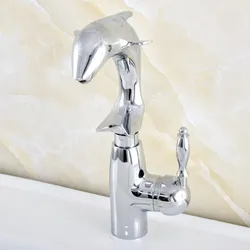 Silver Polished Chrome Brass Swivel Spout Single Handle Cute Animal Dolphin Style Bathroom Kitchen Sink Faucet Mixer Tap msf854