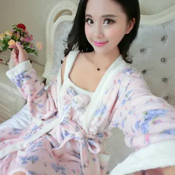 

Winter Flower Kimono Robe SetSleepwear Thick Home Clothing Pink Female Coral Fleece Soft Long Sleeve Homewear 2PCS Nightwear