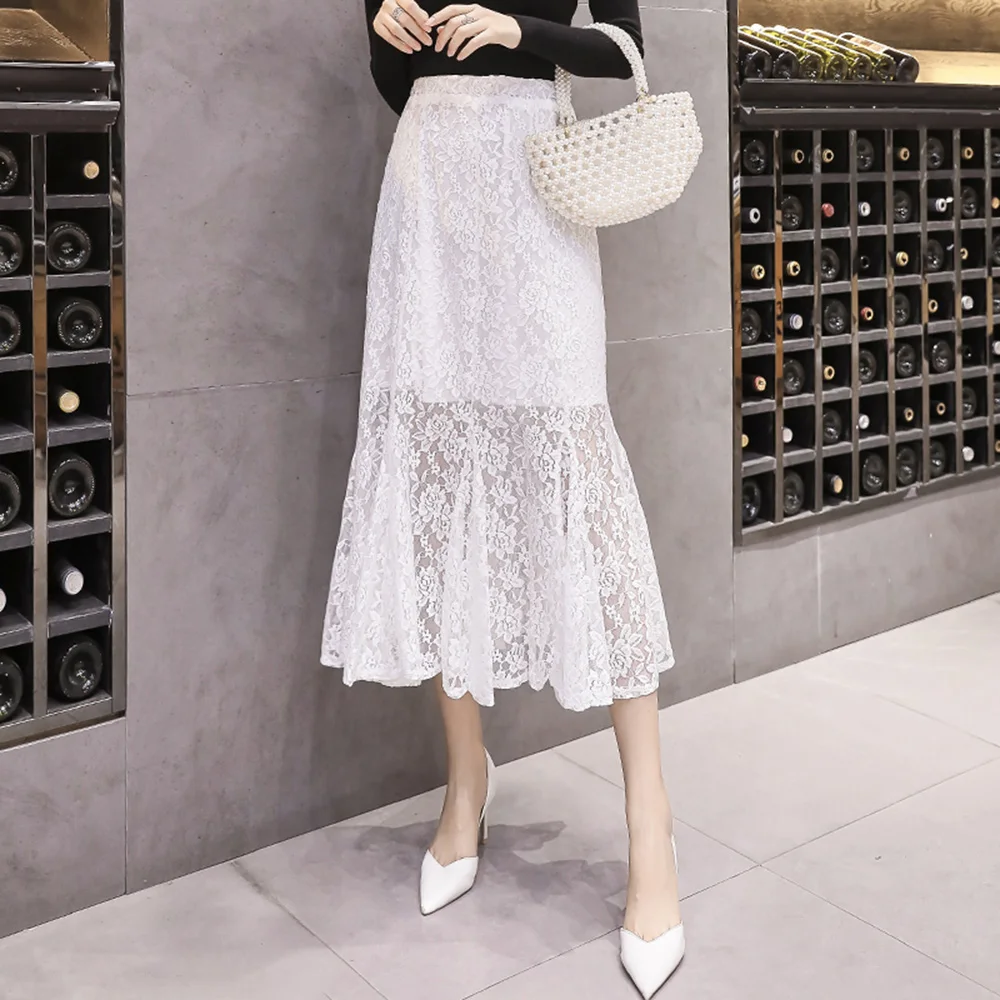 

Spring Fall Girls Black Sexy Lace Skirts Fairy Sweet White Mermaid Skirts Solid Color Mid-Calf High Waist Hollow Lace Skirts