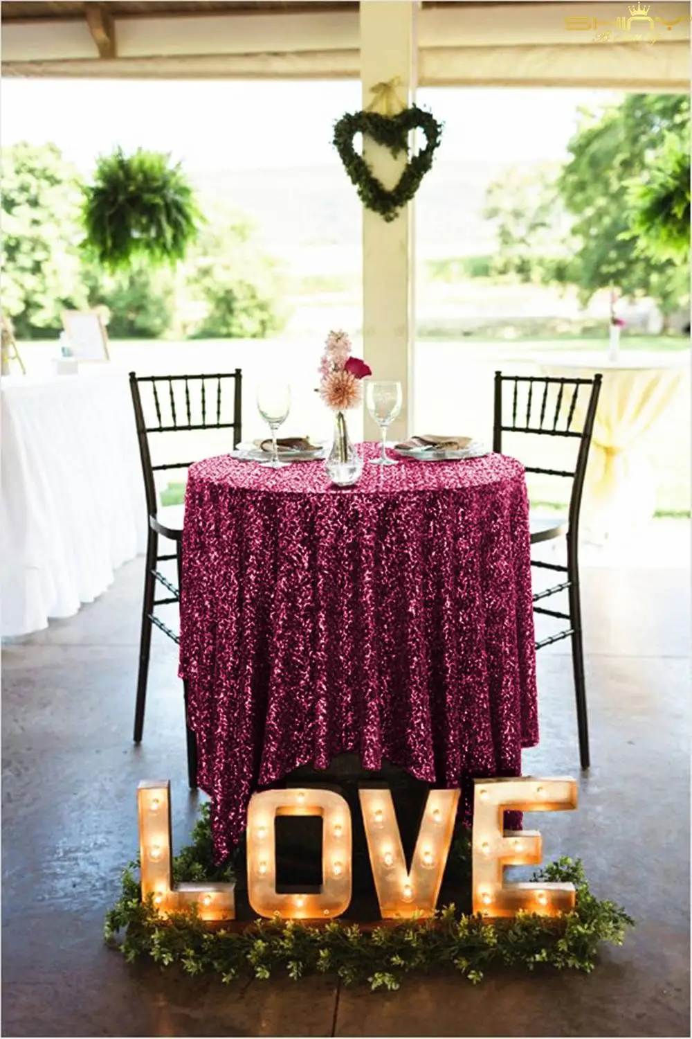  Sequin Tablecloth Round Burgundy 90 Inch Sparkly Table Linen for Wedding Birthday Party Cake Desser