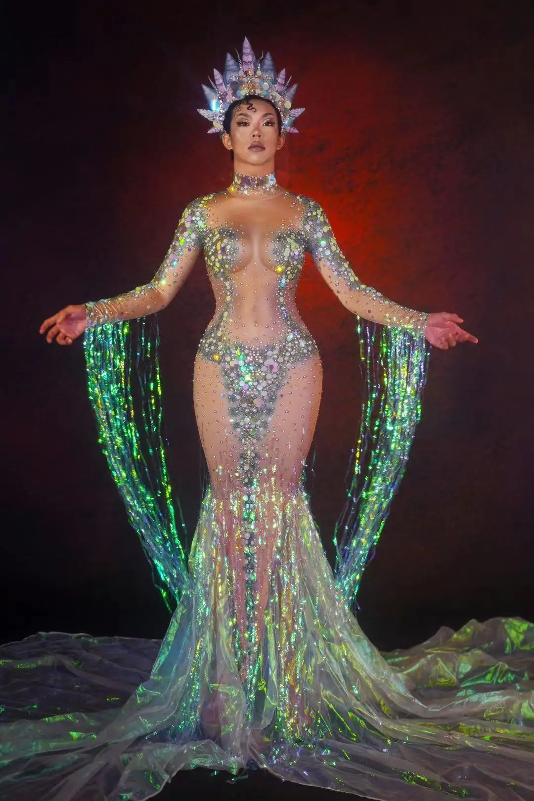 Sparkly Crystal Evening Dress Rhinestone Sequins Party Mermaid Long Dress Women Stretch Nude Singer Stage Wear