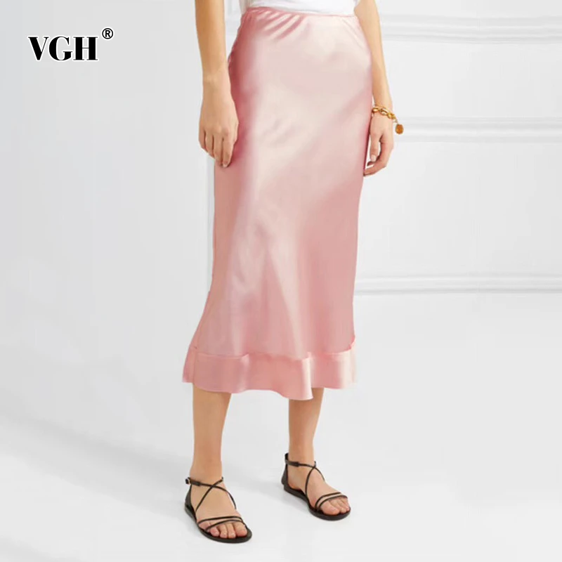 VGH Корейская розовая Женская юбка с высокой талией, большие размеры, свободные повседневные юбки миди, Женская Осенняя мода, новая одежда