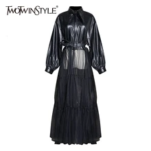 TWOTWINSTYLE лоскутное Сетчатое Сексуальное Женское пальто на шнуровке, воротник с лацканами, фонарь, длинный рукав, куртка с высокой талией, женская модная одежда