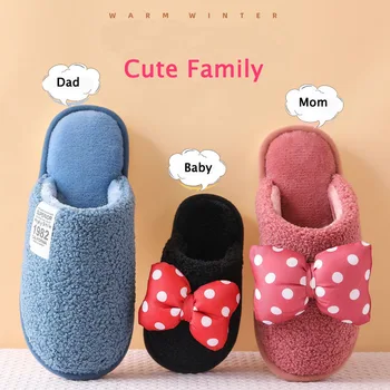 

Winter Parent-child Slippers Home Cotton Plush Slippers Women Man Shoes Indoor Floor Flat Shoes Baby Girls Shoes Lovely bowknot