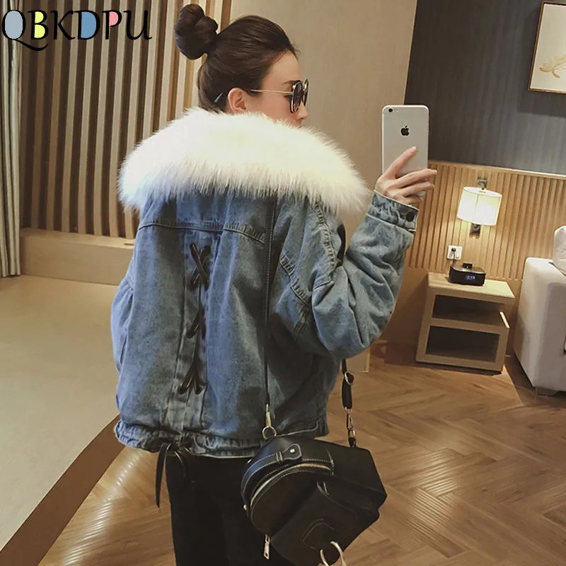 

Winter Plus Velvet Thicken Denim Coat Fake Fur Collar Denim Jacket Bomber Short Jean Jacketn Loose Casual Lace-up Streetwear